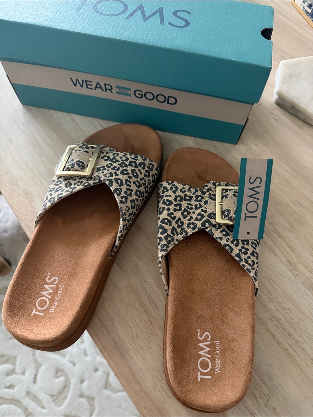 TOMS Leopard Print Slide Sandals with Gold Buckle - Tan/Black